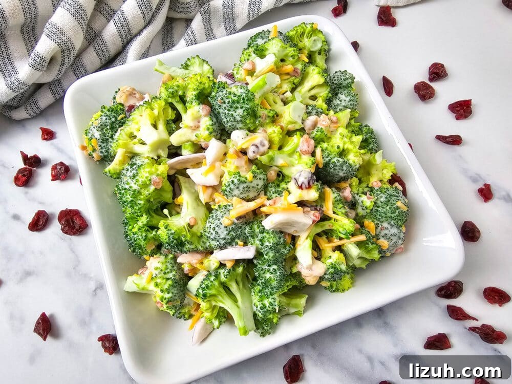 Keto Broccoli Salad with Bacon, Cheddar & Creamy Dressing 7 side view of low carb broccoli salad