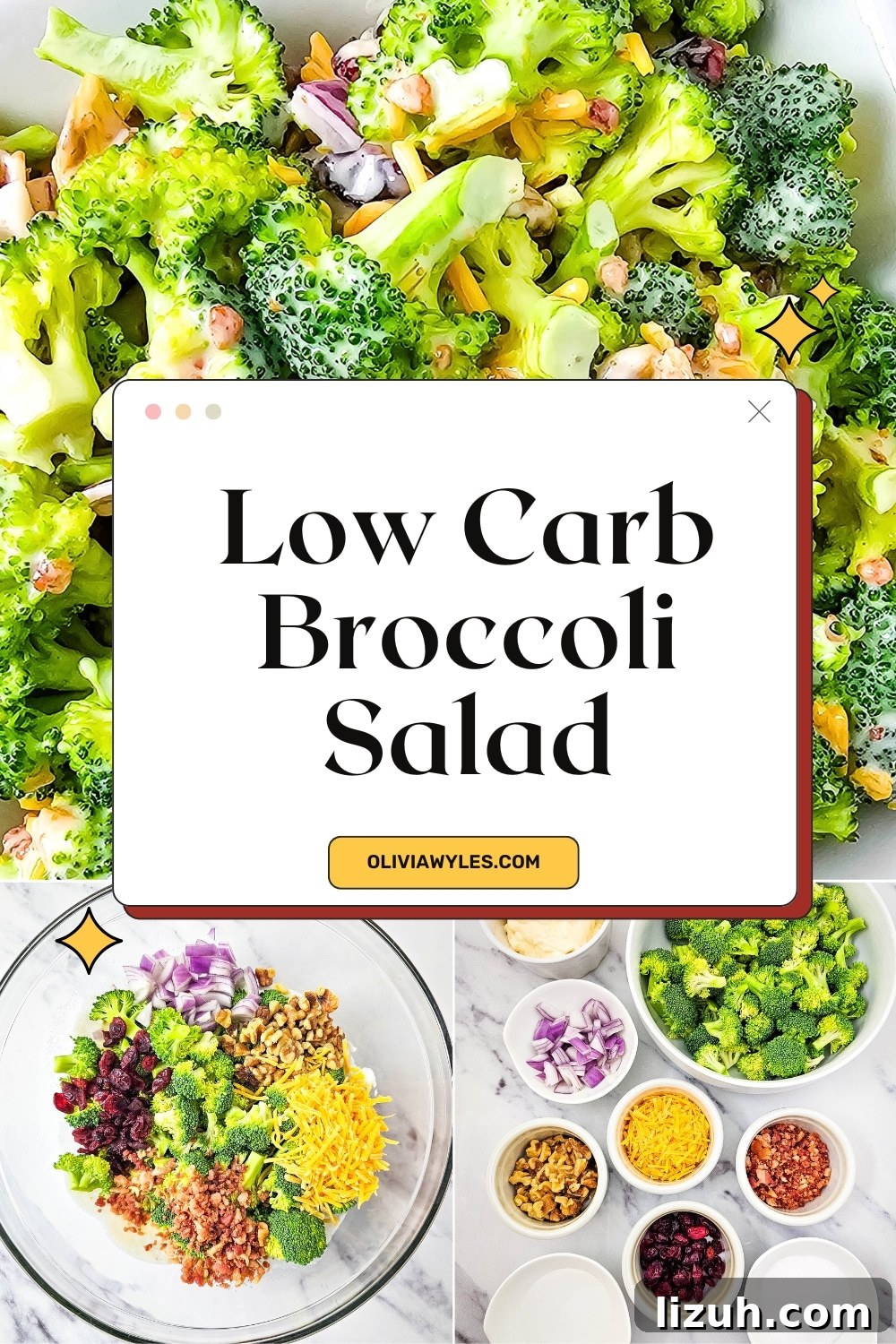 Keto Broccoli Salad with Bacon, Cheddar & Creamy Dressing 8 Low Carb Broccoli Salad Pinterest Image