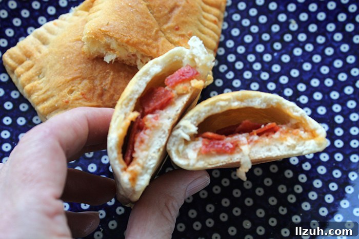 A dark blue and white polka dotted plate with two pizza pockets and another pizza pocket cut in half held vertically on the plate.