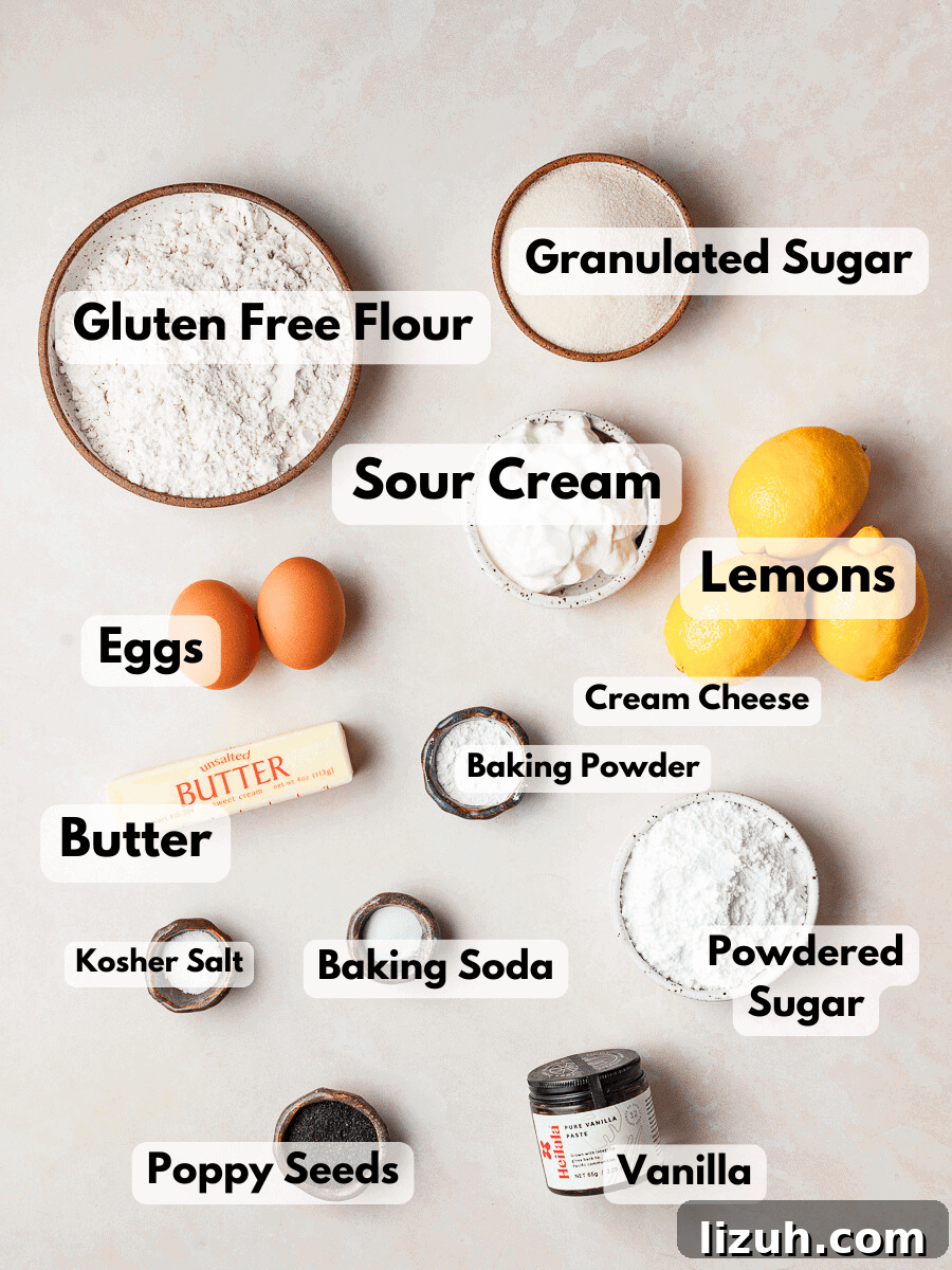 Gluten-Free Lemon Poppy Seed Cake Recipe with Zesty Glaze 3 a collage of ingredients in small bowls needed to make gluten free lemon poppy seed snack cake