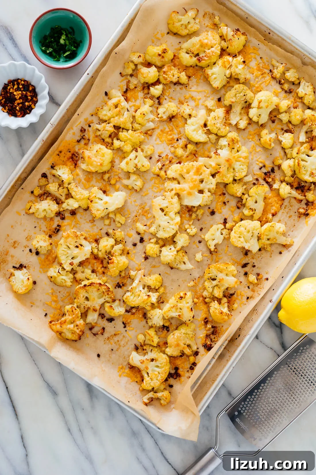 roasted cauliflower with golden parmesan on top