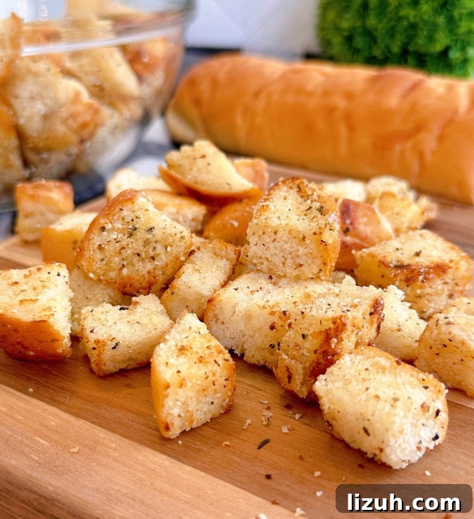 Skillet Croutons from Scratch: Crispy Homemade Recipe 2 Easy Homemade Croutons on a wooden cutting board with a loaf of bread.