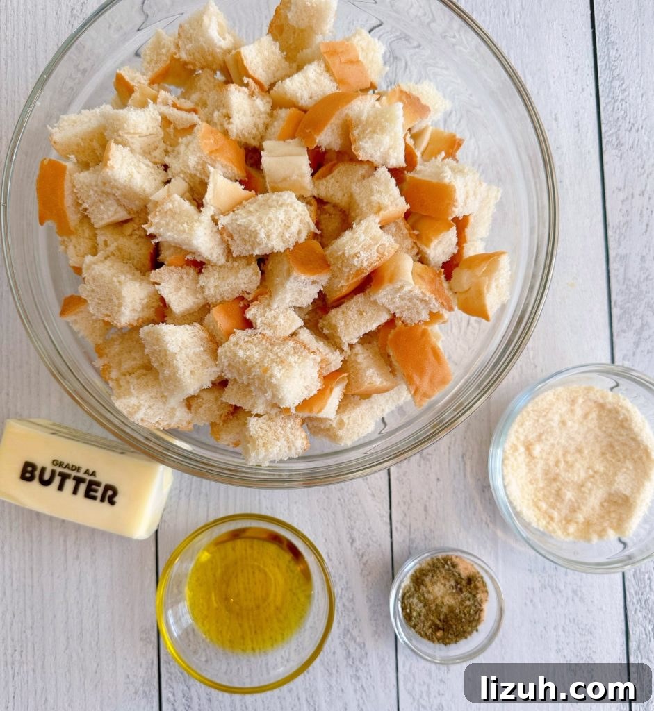 Skillet Croutons from Scratch: Crispy Homemade Recipe 3 Ingredients for Homemade Croutons on a white board.