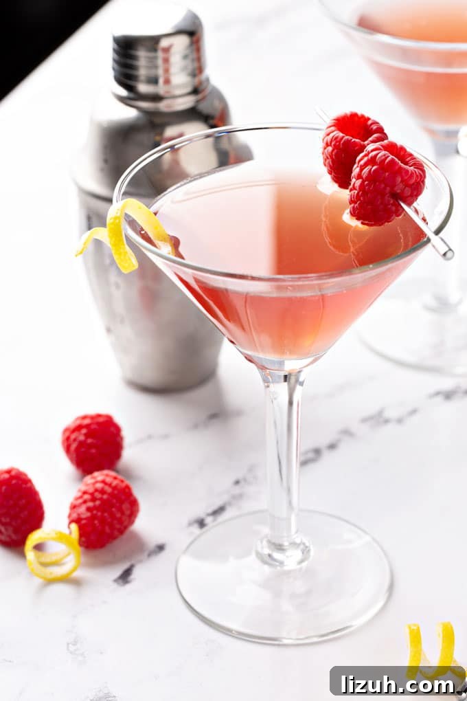 A martini glass with pinkish French martini with fresh raspberries