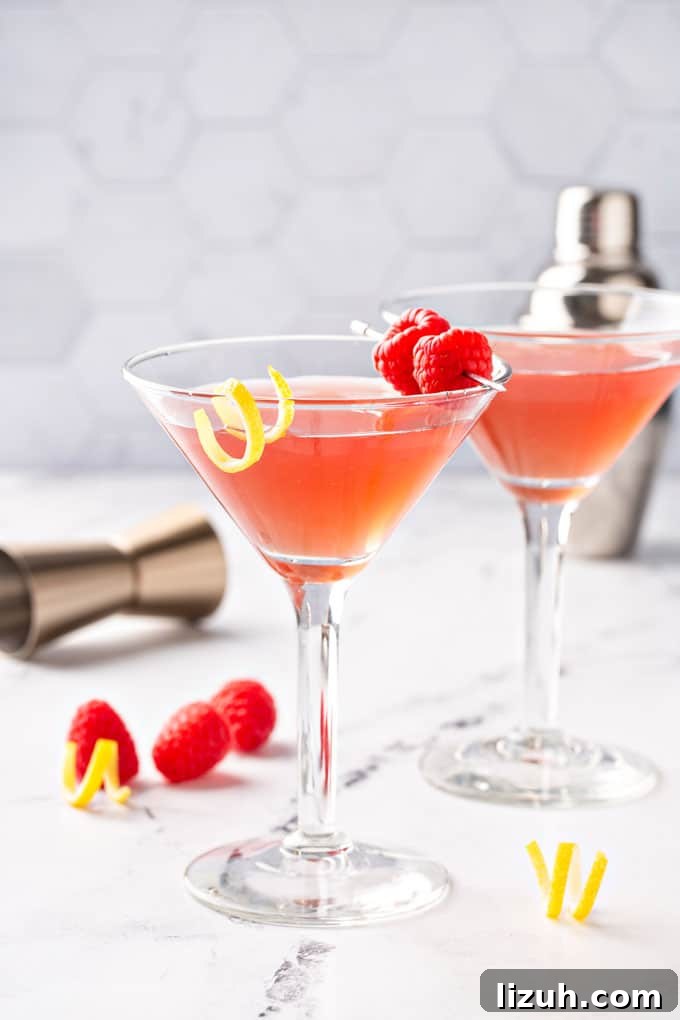 A couple of martini glasses with a lemon twist and raspberries.