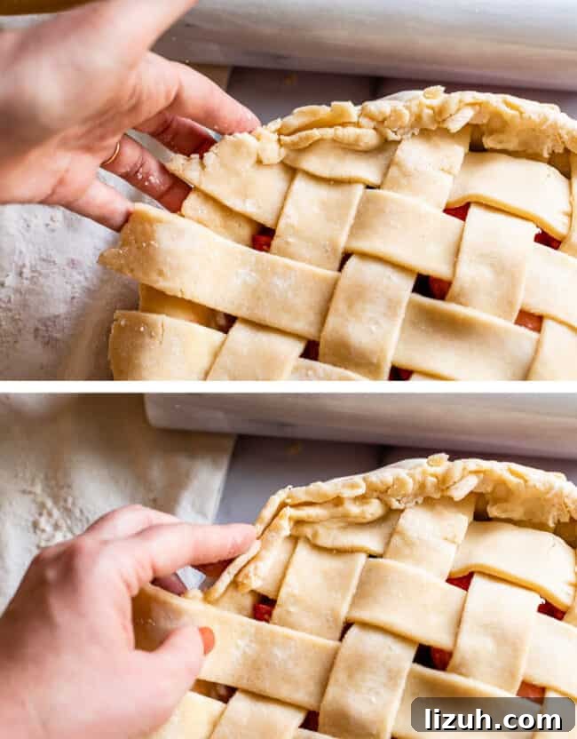 folding the edges of the pie dough up and over the edge to create a crust