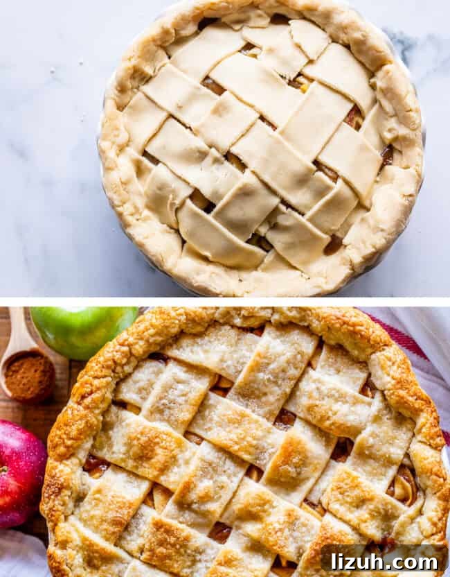 a raw lattice crust apple pie with a baked apple pie