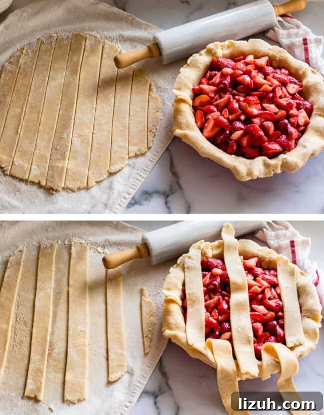 the first step of a lattice pie crust tutorial