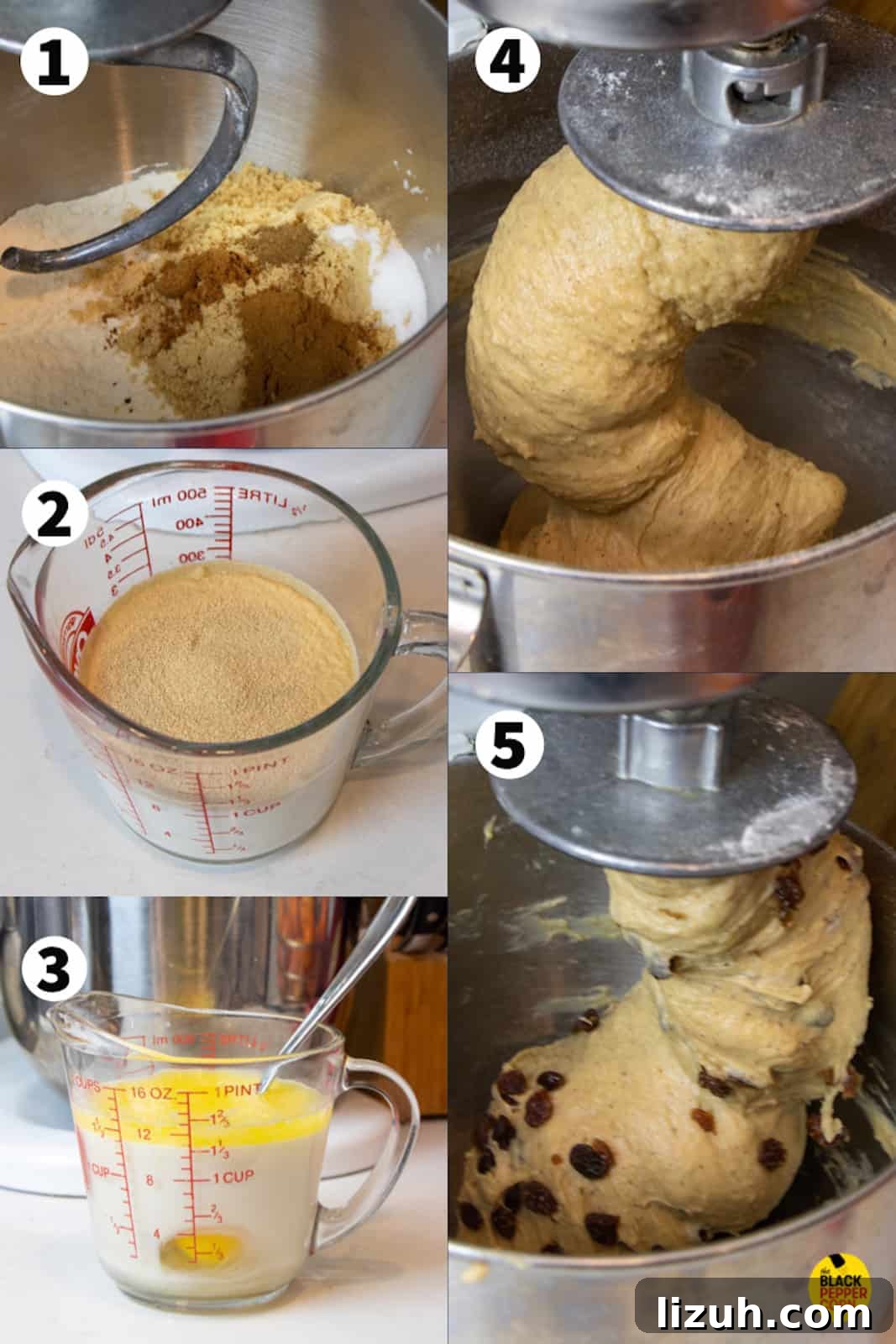 Step by step photos of dissolving yeast in warm milk and kneading with dry ingredients to make the dough.