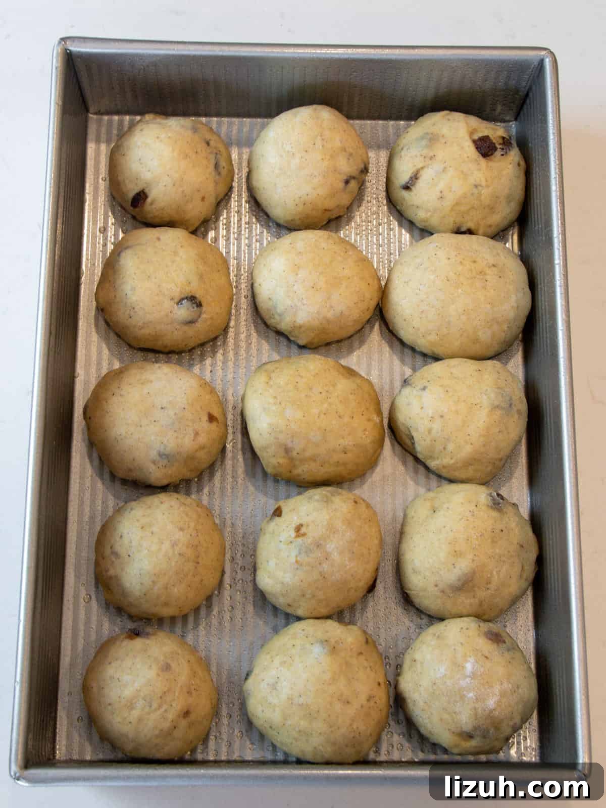 Rolls of dough evenly spaced in a metal baking dish.