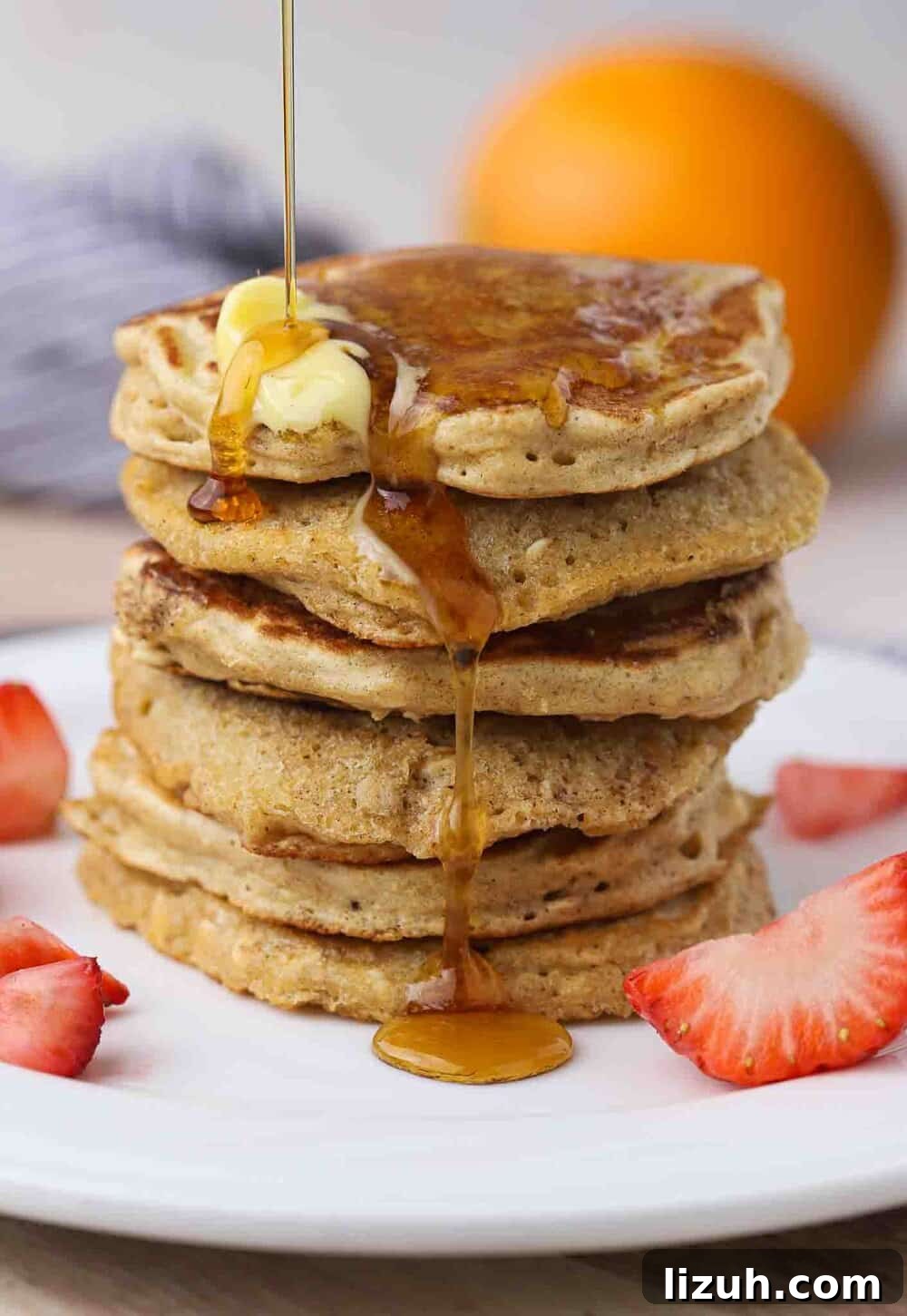 Single-Serve Oatmeal Protein Pancakes: Quick High-Protein Recipe 2 Stack of six pancakes.