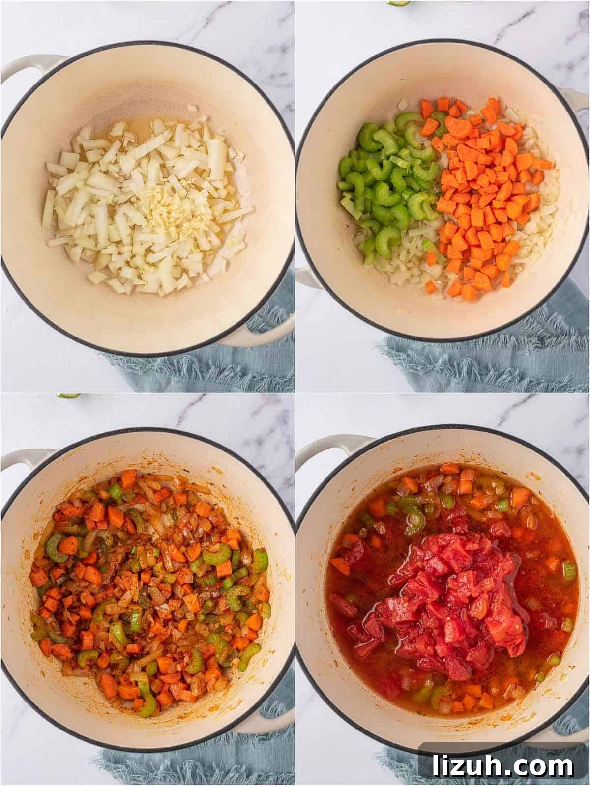 Process shots of veggies cooking for vegan chili.