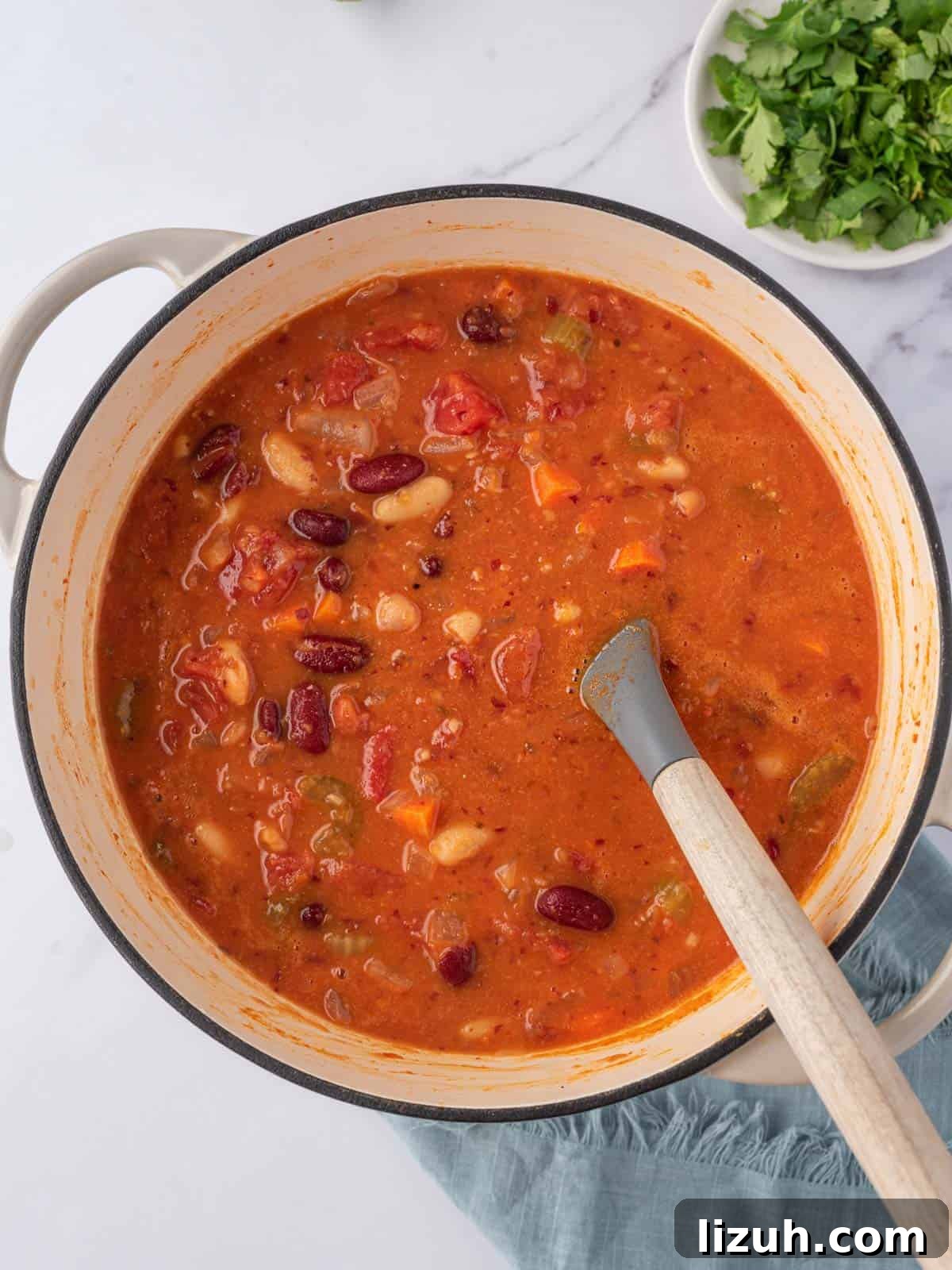 Easy vegan chili in a dutch oven.