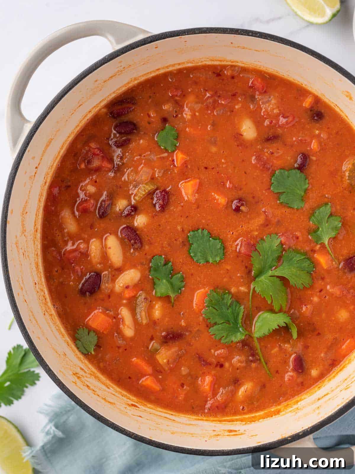 A pot of stovetop chili with cilantro.