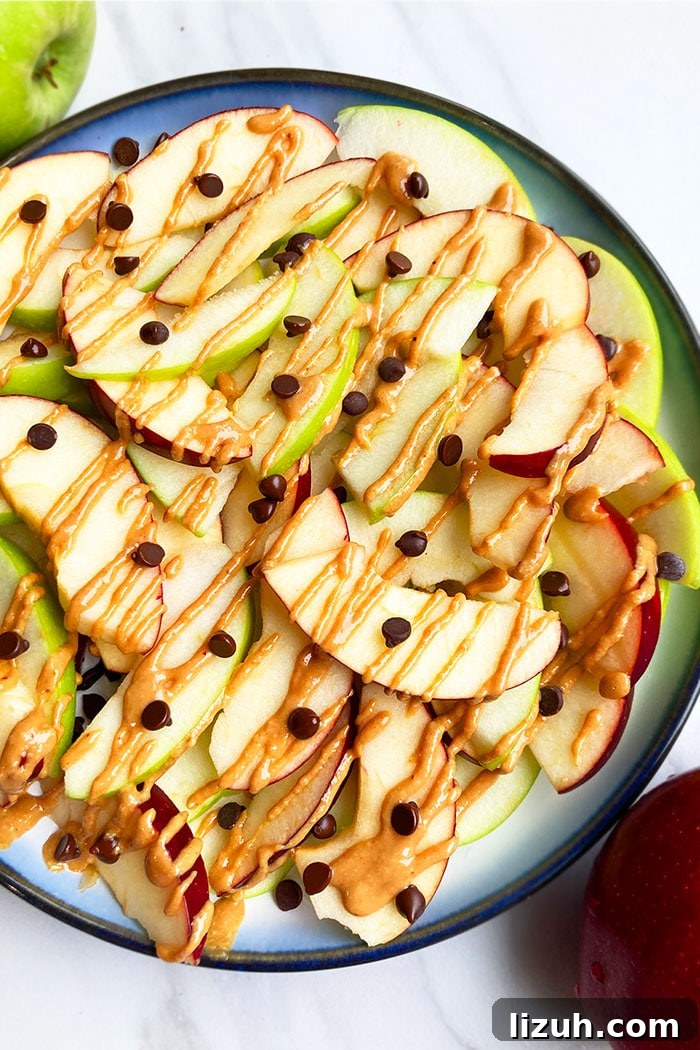 Apple Nachos Recipe: Crispy Sliced Apples with Toppings 2 Easy Apple Nachos with Peanut Butter and Chocolate Chips in Blue Plate