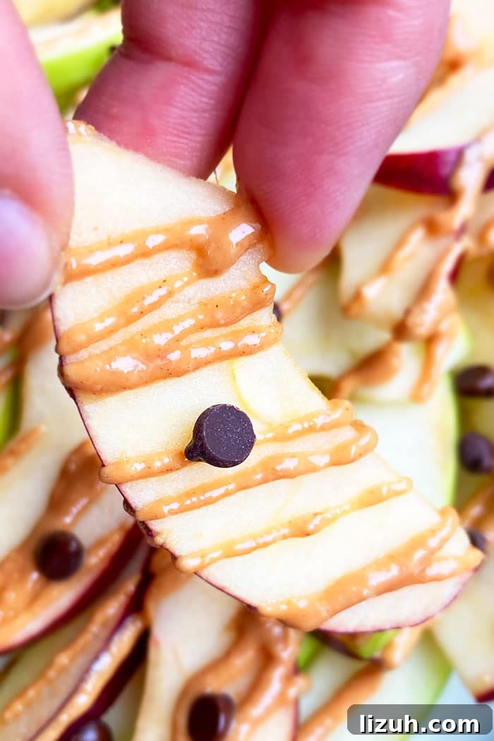 Apple Nachos Recipe: Crispy Sliced Apples with Toppings 4 Closeup Shot of Holding an Apple Slice with Peanut Butter and Chocolate Chips