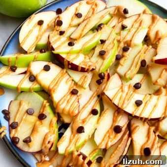 Apple Nachos Recipe: Crispy Sliced Apples with Toppings 5 Easy Homemade Apple Nachos with Peanut Butter, Almond butter and Chocolate Chips in Blue Plate