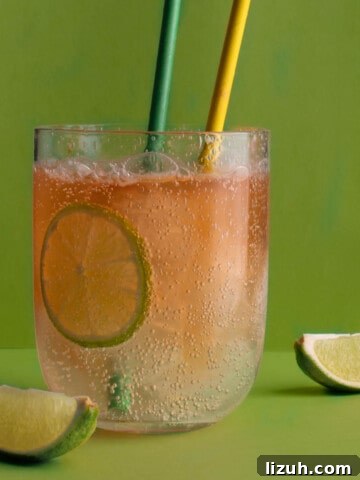 A glass of lemon, lime and bitters with two straws, on a green background.
