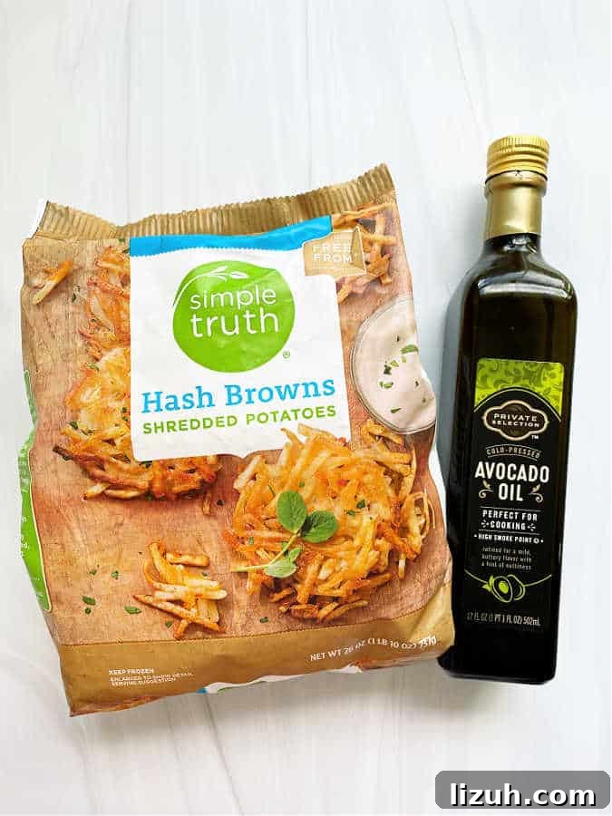 Air Fryer Frozen Hash Browns: Crispy in 15 Minutes 7 ingredients for making air fryer hashbrowns - shredded hash browns and avocado oil