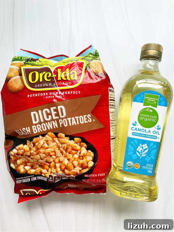 Air Fryer Frozen Hash Browns: Crispy in 15 Minutes 8 ingredients for making air fryer hashbrowns - diced hash brown potatoes and canola oil