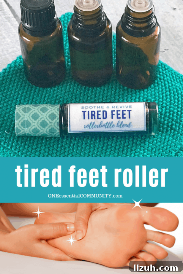 Revitalize Tired Feet with Cooling Rollerball Relief 12 title image for DIY tired feet roller by One Essential Community -- 3 essential oil bottle, rollerball, and women rubbing her sore feet