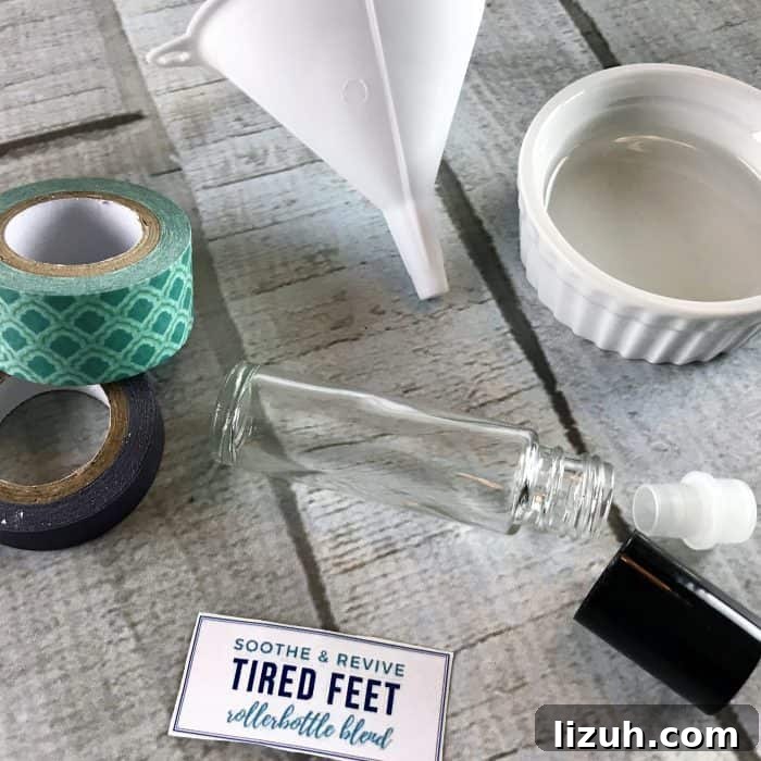 Revitalize Tired Feet with Cooling Rollerball Relief 10 supplies for tired feet essential oil roller (10ml roller bottle, free printable label, small funnel, mini bowl with fractionated coconut oil)