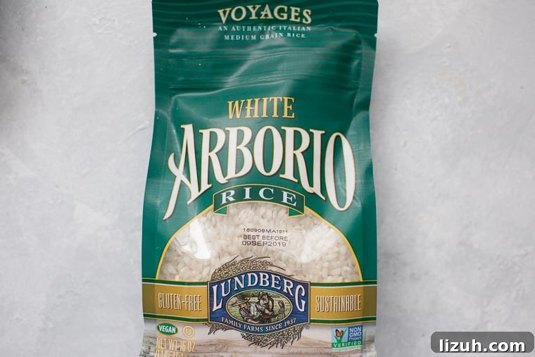 How to cook risotto: a bag of white arborio rice on a table.