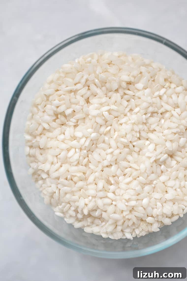 White risotto in a glass bowl.