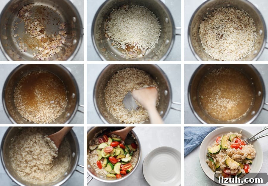 A series of photos demonstrating how to cook risotto.