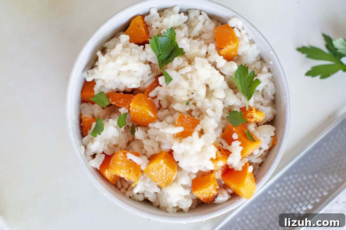 A bowl of butternut squash risotto with parsley.