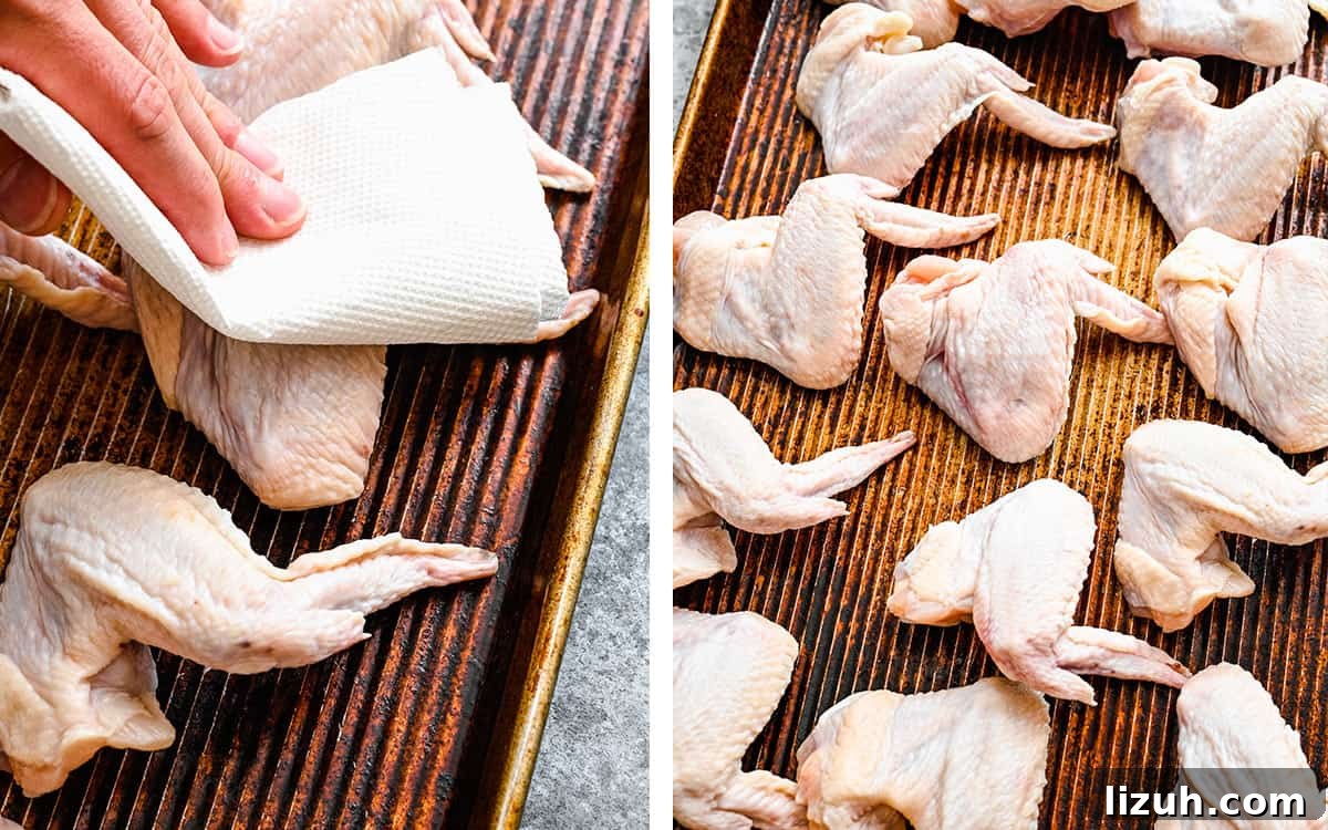 Crispy Oven-Baked Chicken Wings with Garlic and Herbs 5 Set of two photos showing chicken patted dry and placed on a sheet pan.