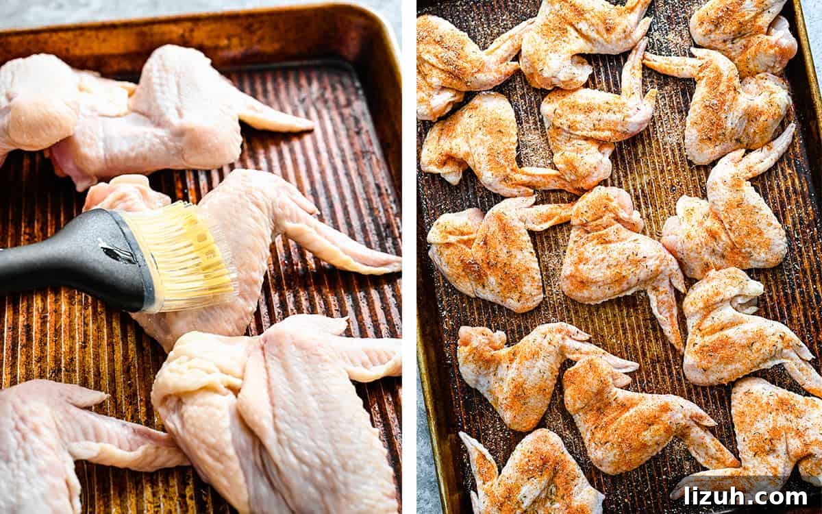 Crispy Oven-Baked Chicken Wings with Garlic and Herbs 6 Set of two photos showing chicken wings brushed with oil then coated in seasoning.