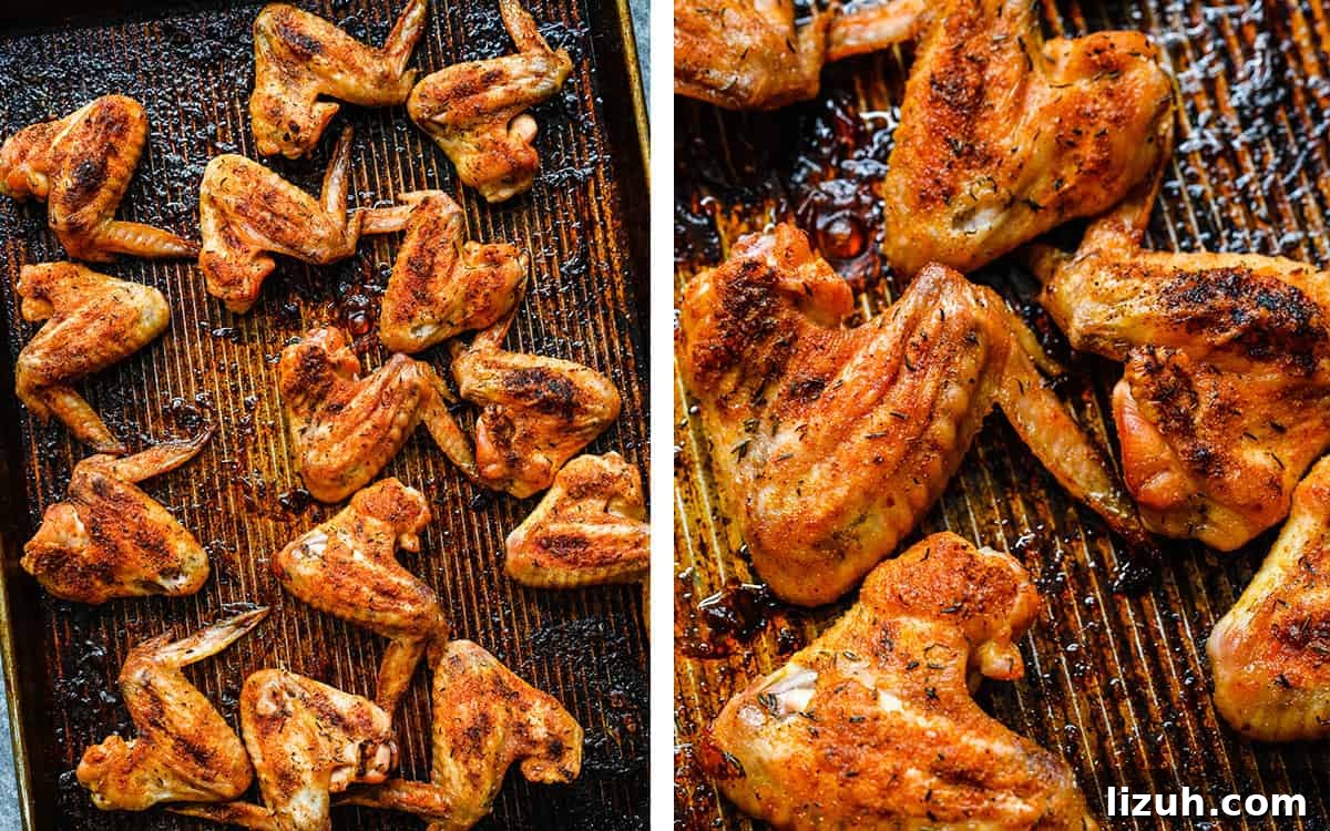 Crispy Oven-Baked Chicken Wings with Garlic and Herbs 7 Set of two photos showing crispy, golden baked whole chicken wings.