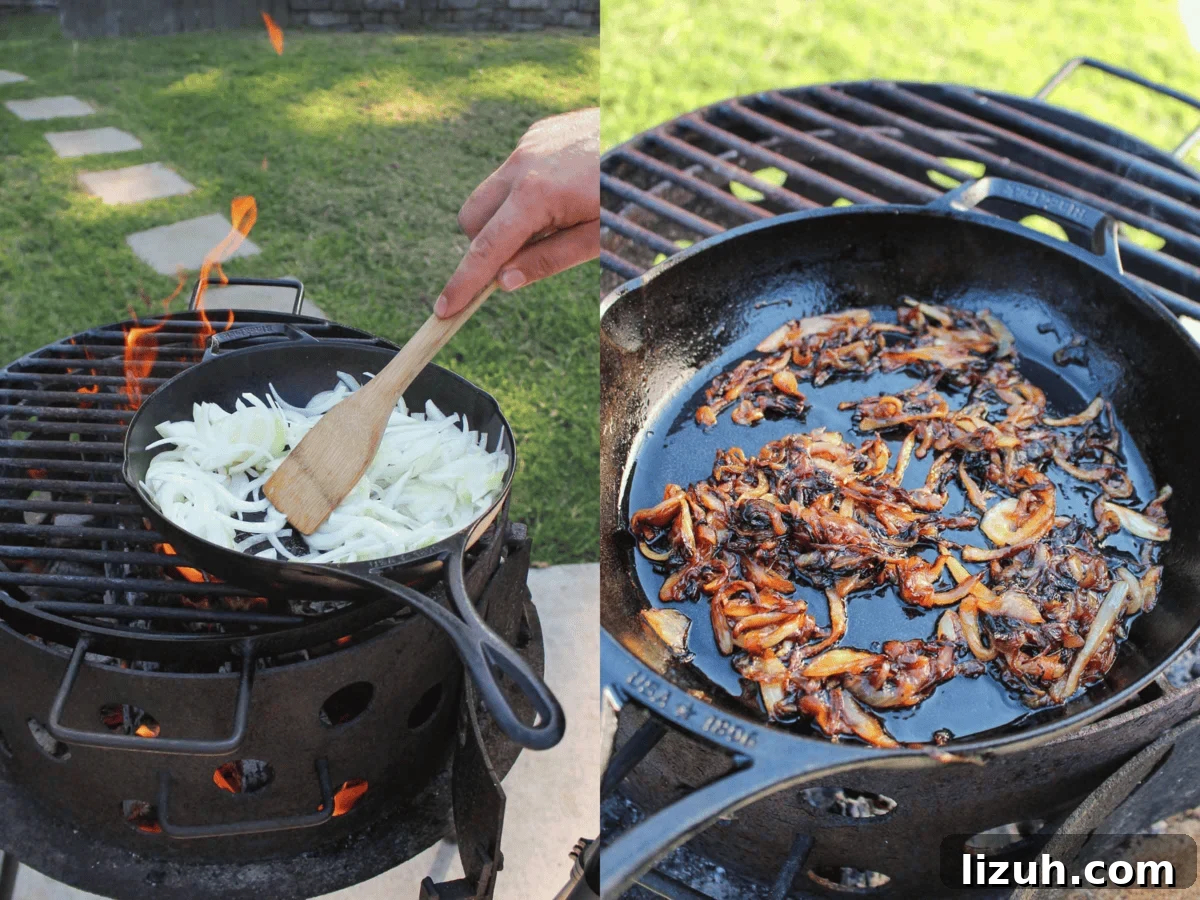 The raw and then cooked onions sautéing the over the flames.
