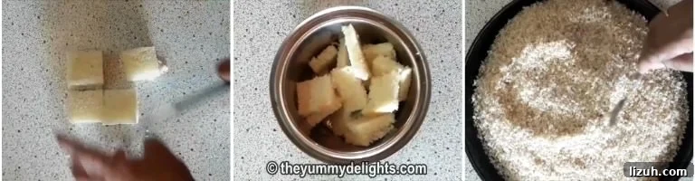 Homemade Breadcrumbs: Simple Methods for Fresh, Crispy Crumbs 3 A collage showing three steps to make breadcrumbs at home. It shows cutting bread slices, placing the pieces in a mixer jar, and grinding them into fine crumbs.