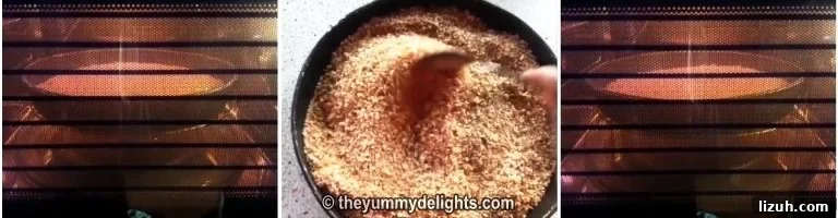 Homemade Breadcrumbs: Simple Methods for Fresh, Crispy Crumbs 4 collage image showing three steps of baking breadcrumbs in the oven, from spreading them on a tray to toasting until golden.