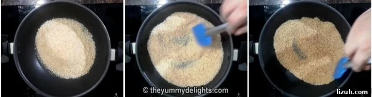 Homemade Breadcrumbs: Simple Methods for Fresh, Crispy Crumbs 5 collage image of 3 steps showing toasting breadcrumbs in a pan until they turn crispy.