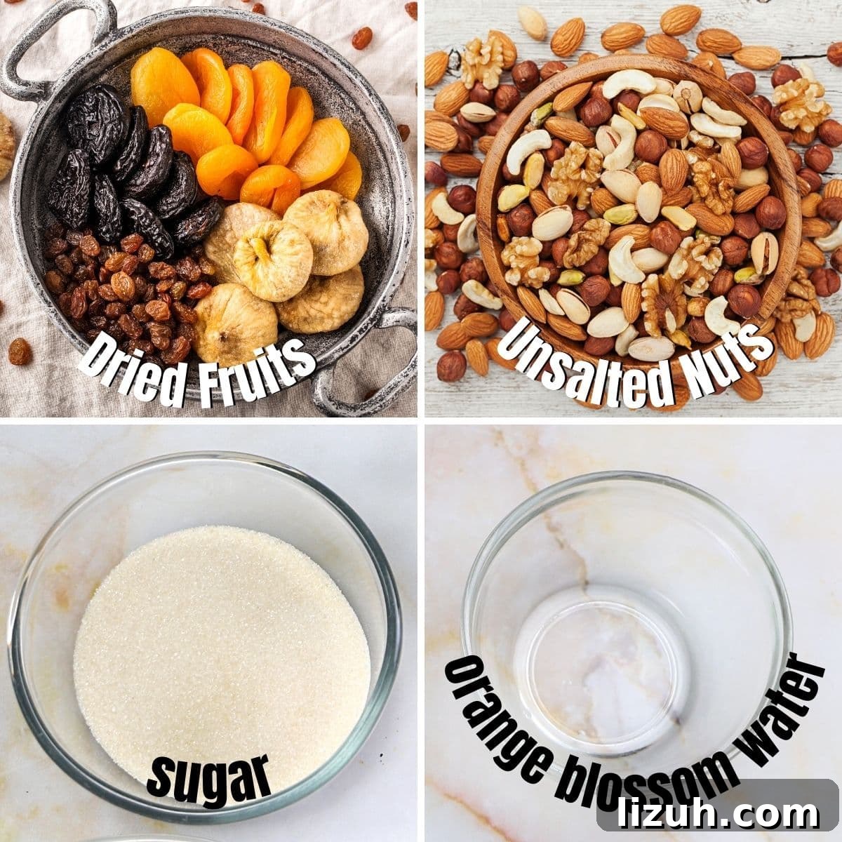 Khoshaf: How to Make Traditional Middle Eastern Dried Fruit Compote 3 A collage of 4 images showing dried fruit compote ingredients.