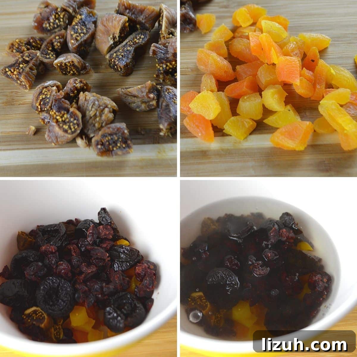 Khoshaf: How to Make Traditional Middle Eastern Dried Fruit Compote 4 A collage of four images showing how to make dried fruit compote.