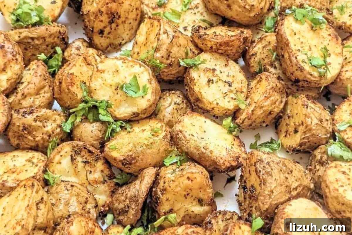 Close up of delicious roasted baby potatoes in air fryer