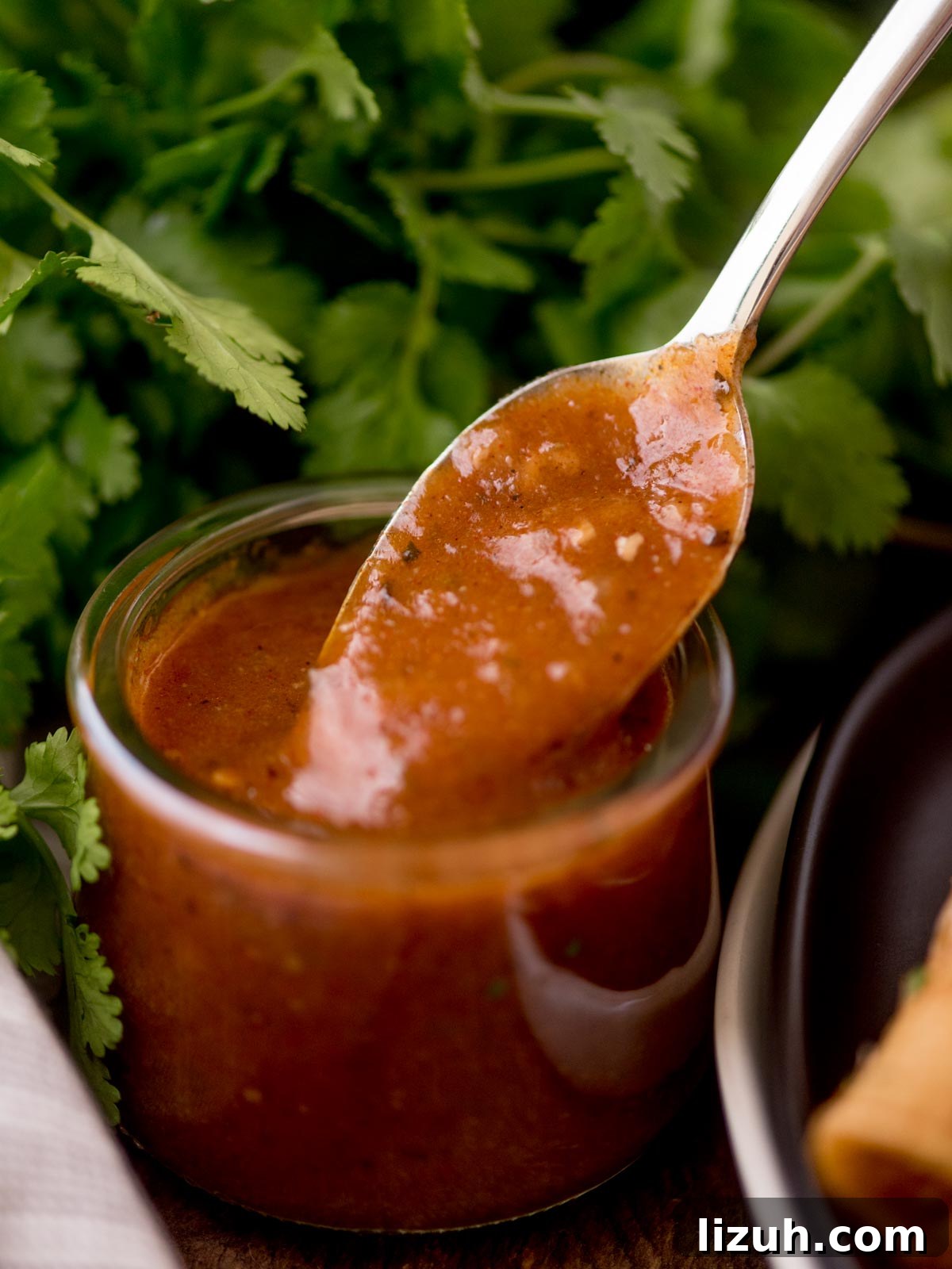 Authentic Homemade Enchilada Sauce Recipe for Rich Flavor 2 enchilada sauce in a glass jar with a spoon scooping it out surrounded by cilantro