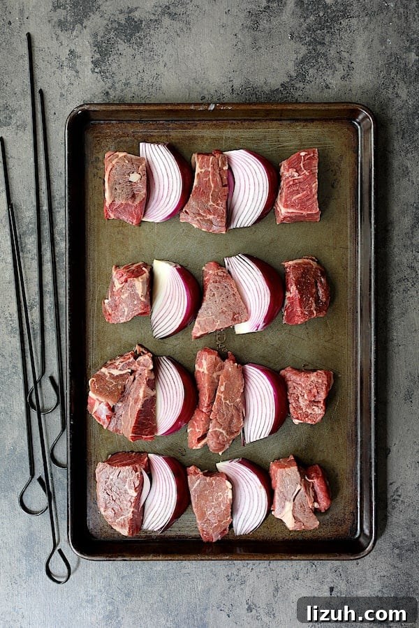 Indian Beef Kabobs with Cilantro Coconut Sauce recipe 5 Overhead shot of meat and onions before threading skewer through