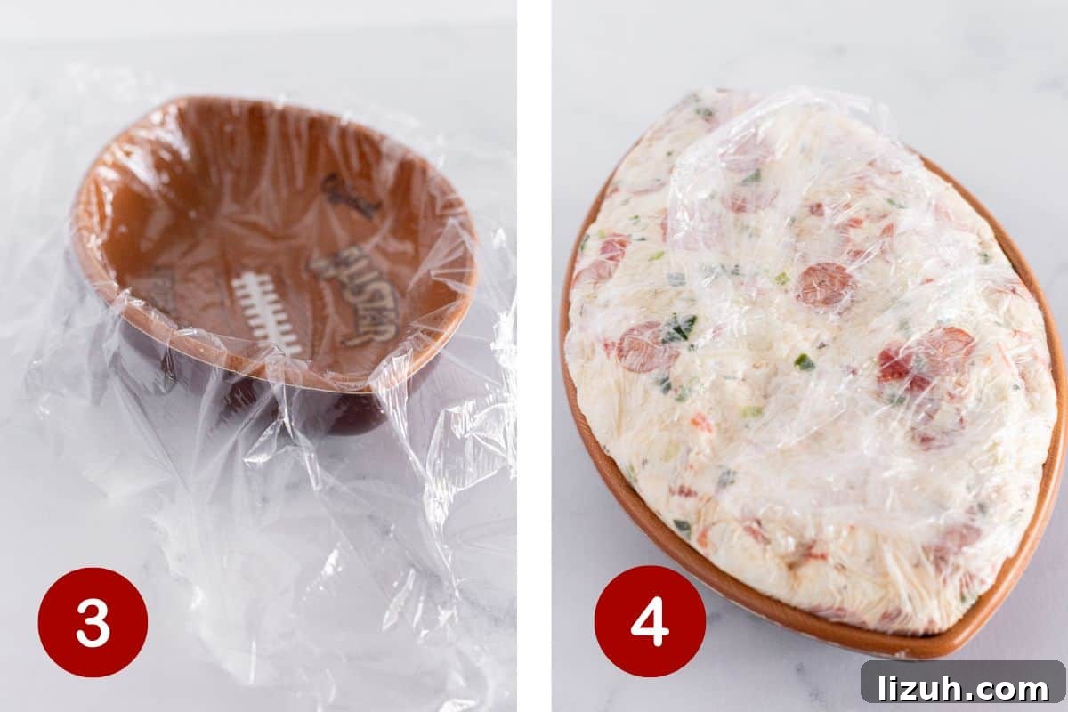 Pepperoni Pizza Cheese Ball Game-Day Appetizer 5 Adding the cheese ball ingredients to a football shaped bowl.