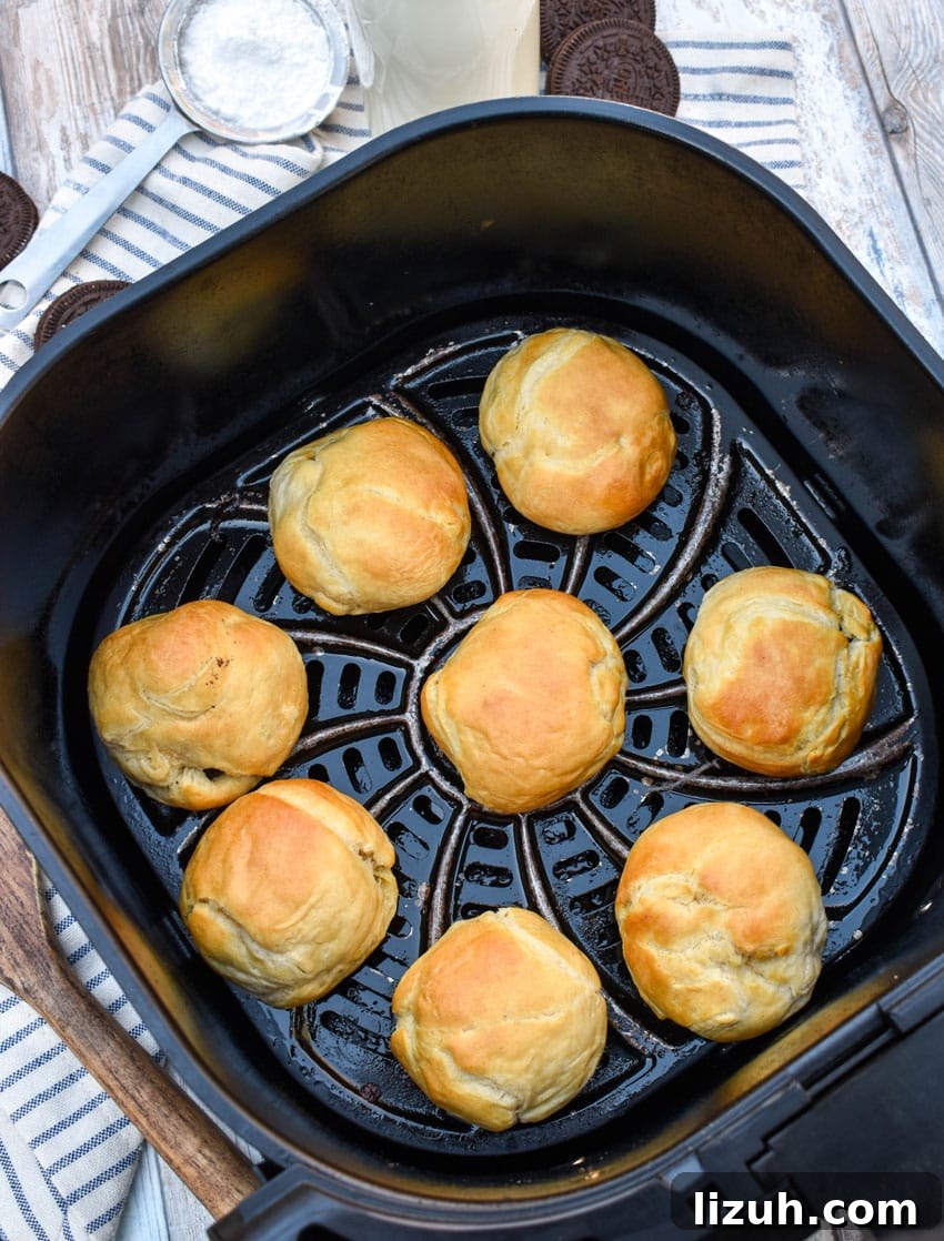 homemade fried oreos in the basket of an air fryer