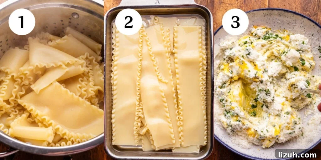 A collage of three images showing step by step how to make lasagna bolognese. The first image, step one, is cooked lasagna noodles in a strainer that have been drained. The second image, step two, showing the lasagna noodles in a stainless steel pan with water to prevent the noodles from sticking. The third image, step three, is a bowl with ricotta and herbs being mixed. 