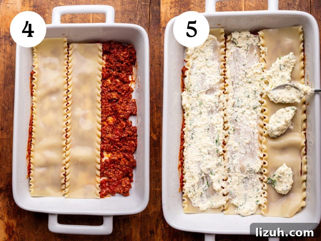 A collage of two images showing how to layer lasagna bolognese. The first image, step four in the recipe process, is a white rectangle baking dish with sauce spread on the bottom of the dish and lasagna noodles being layered over top. The second photo, step five, is showing ricotta cheese being spread over top of the lasagna noodles. 