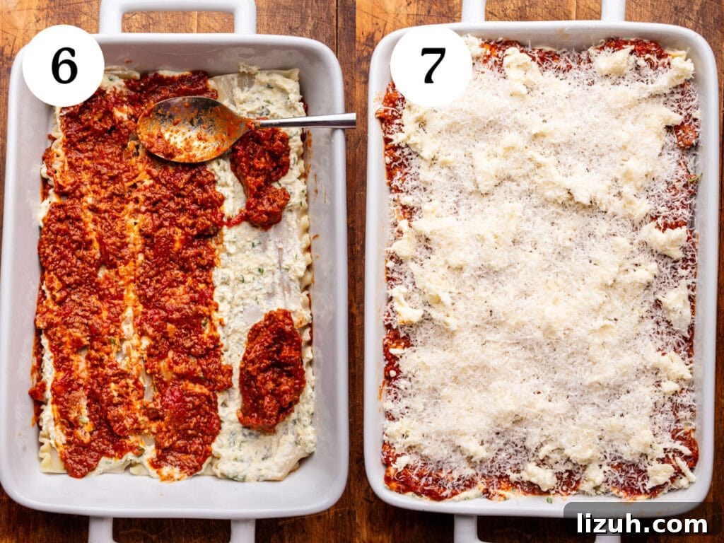 A collage of two images showing how to layer lasagna bolognese. The first image, step six in the cooking process, is bolognese sauce being layered into a lasagna thats in a white rectangle dish on a wooden background. The second image, step seven, is the lasagna finished with the layering process unbaked.