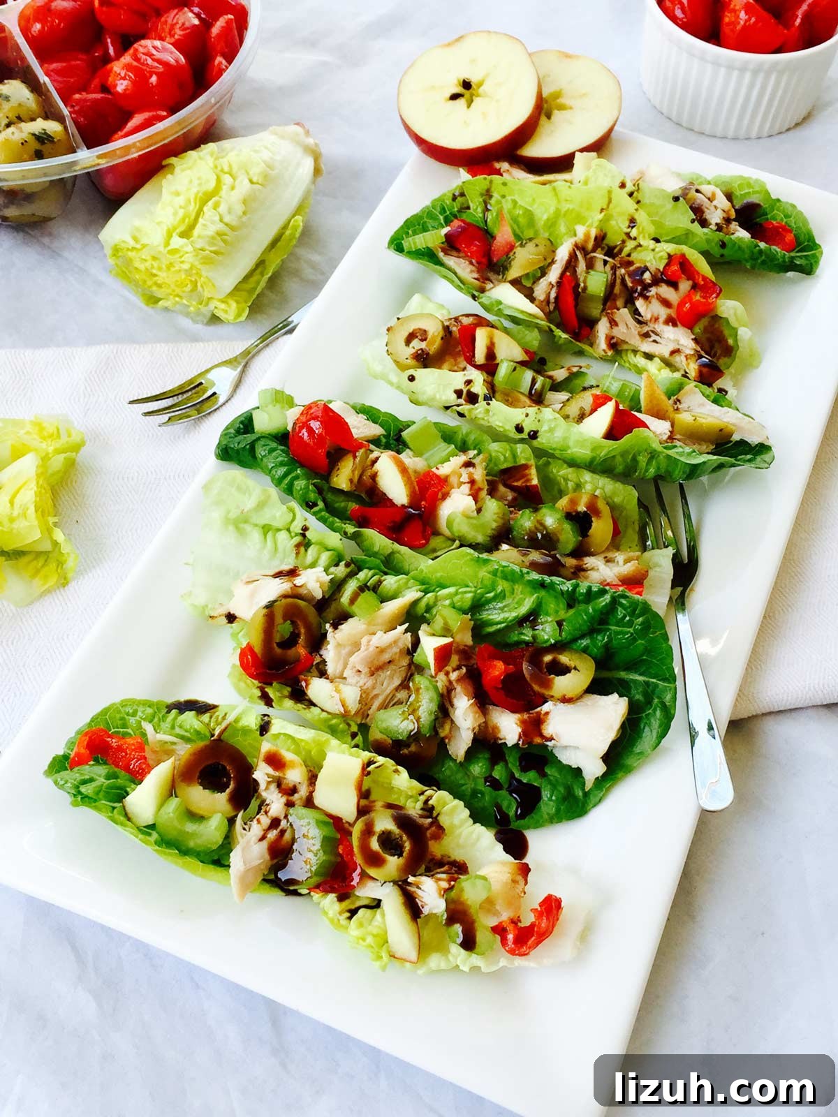 Chicken, Apple & Gem Lettuce Boats — Easy Party Bites 2 Gem lettuce, chicken and apple little boats