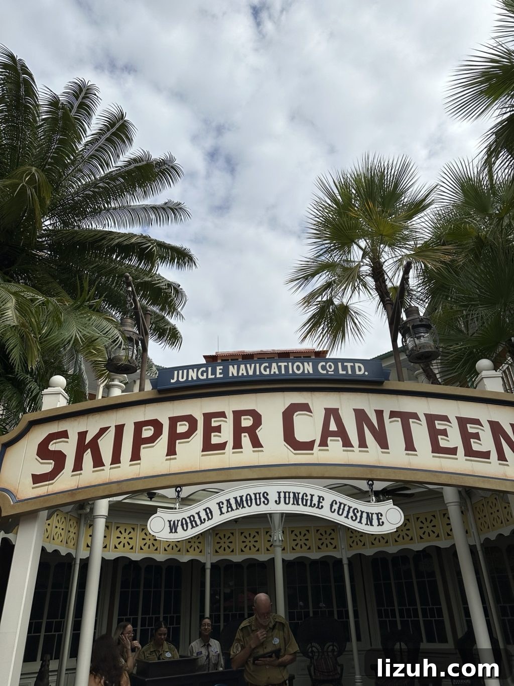 The sign for the Jungle Navigation Co Skipper Canteen, the slogan "World Famous Jungle Cuisine" hangs below