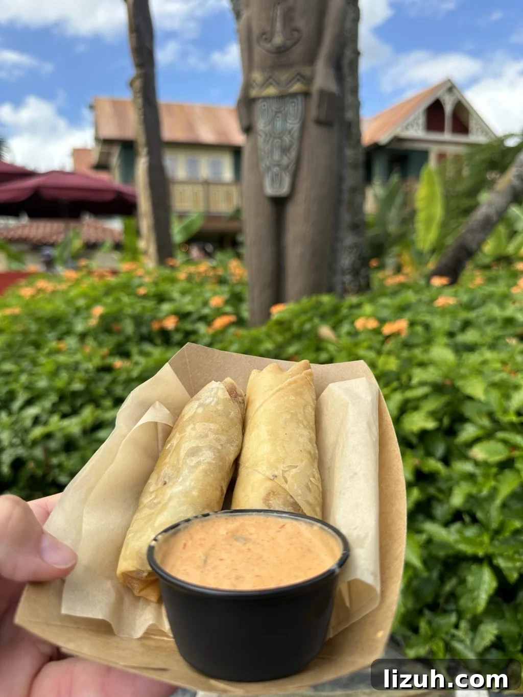 Two cheeseburger spring rolls with a black cup of Thousand Island dressing